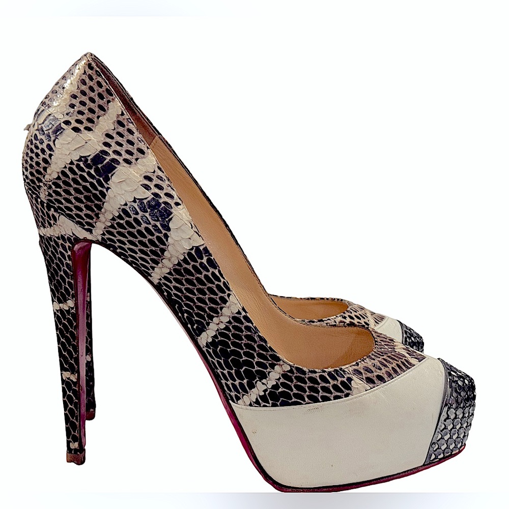Christian Louboutin Maggie White Leather & Snake Skin Metal Toe  160mm Sz. 40